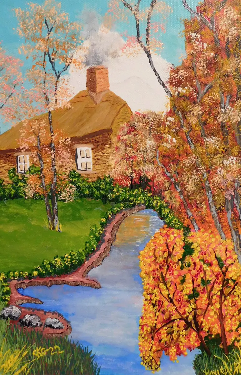 a painting of a house by a river