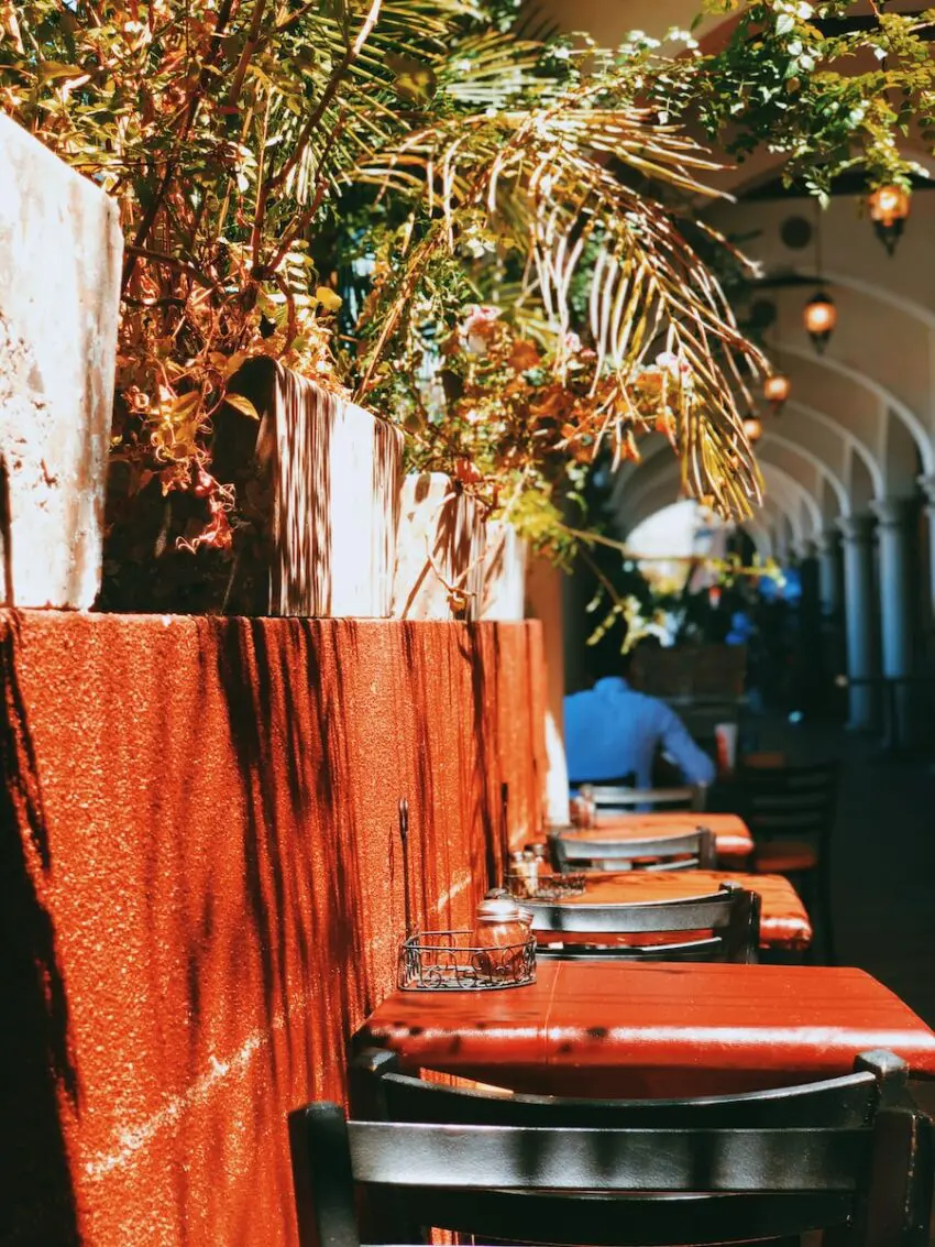 red and grey outdoor cafe tables